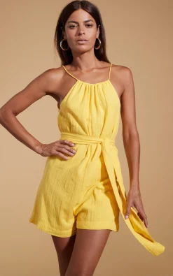 Women Dancing Leopard Halo Papillon Halter Neck Playsuit In Primrose Yellow