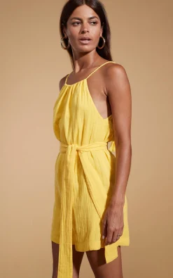 Women Dancing Leopard Halo Papillon Halter Neck Playsuit In Primrose Yellow