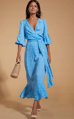 Women Dancing Leopard Havannah Maxi Wrap Dress In Abstract White On Blue