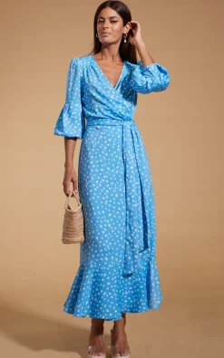 Women Dancing Leopard Havannah Maxi Wrap Dress In Abstract White On Blue