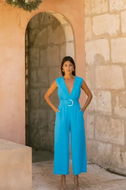 Women Dancing Leopard Indy Linen Jumpsuit In Blue - Reversible