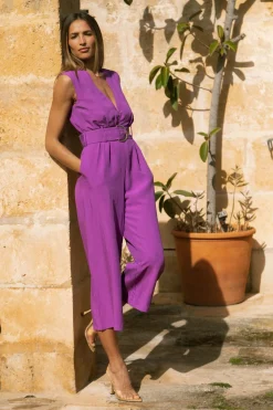 Women Dancing Leopard Indy Linen Jumpsuit In Purple - Reversible