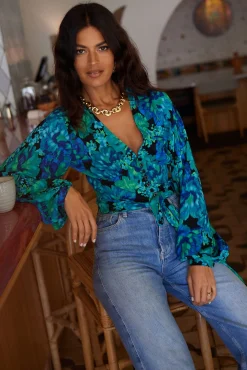 Women Dancing Leopard Joanie Tie Top In Blue & Green Floral