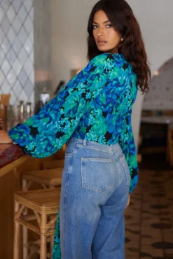 Women Dancing Leopard Joanie Tie Top In Blue & Green Floral
