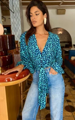 Women Dancing Leopard Joanie Tie Top In Turquoise Leopard