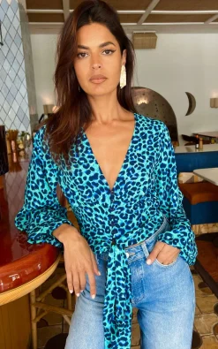 Women Dancing Leopard Joanie Tie Top In Turquoise Leopard