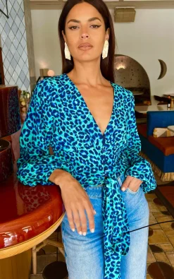Women Dancing Leopard Joanie Tie Top In Turquoise Leopard