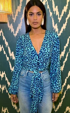 Women Dancing Leopard Joanie Tie Top In Turquoise Leopard