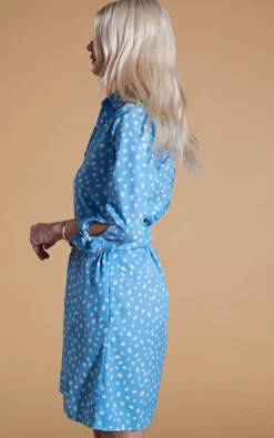 Women Dancing Leopard Jonah Mini Shirt Dress In Abstract White On Blue