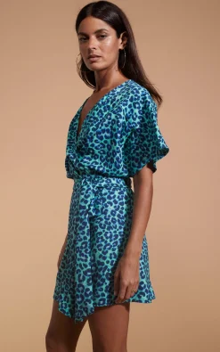 Women Dancing Leopard Kansas Mini Wrap Dress In Turquoise Leopard