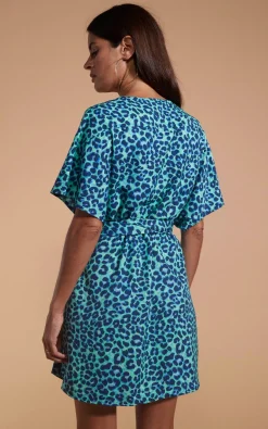 Women Dancing Leopard Kansas Mini Wrap Dress In Turquoise Leopard