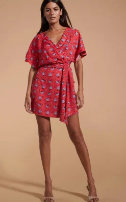 Women Dancing Leopard Kansas Mini Wrap Dress In Red Daisy