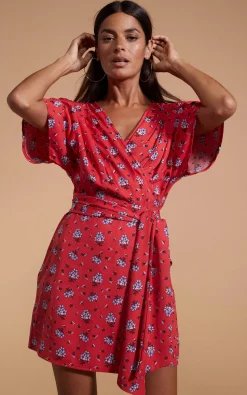 Women Dancing Leopard Kansas Mini Wrap Dress In Red Daisy