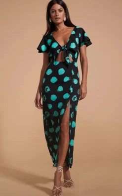 Women Dancing Leopard Lily Dress In Green On Black Dot