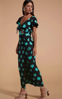 Women Dancing Leopard Lily Dress In Green On Black Dot