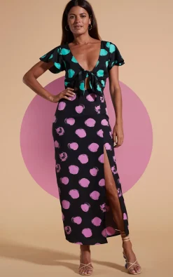 Women Dancing Leopard Lily Dress In Green On Black Dot & Pink On Black Dot