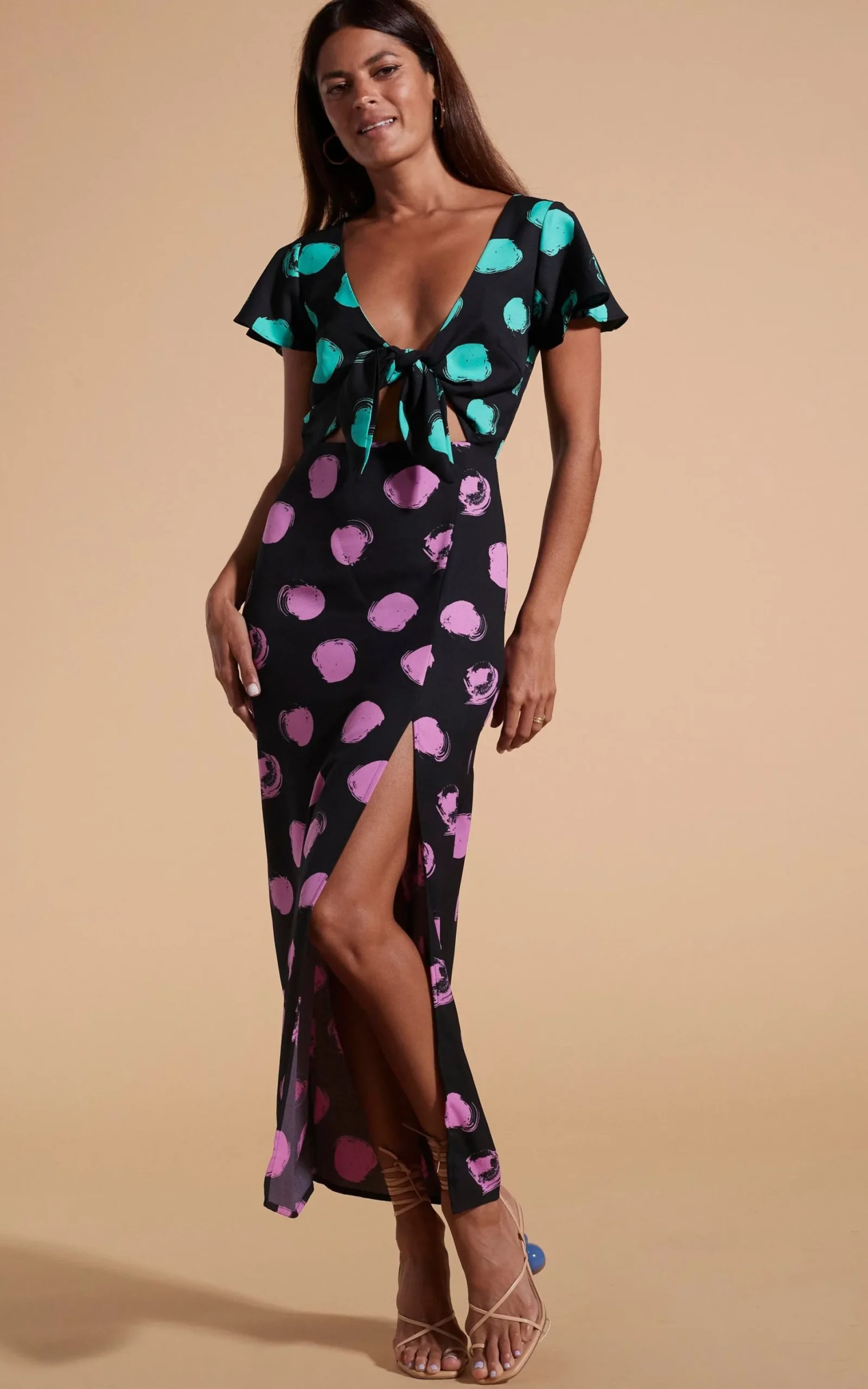 Women Dancing Leopard Lily Dress In Green On Black Dot & Pink On Black Dot