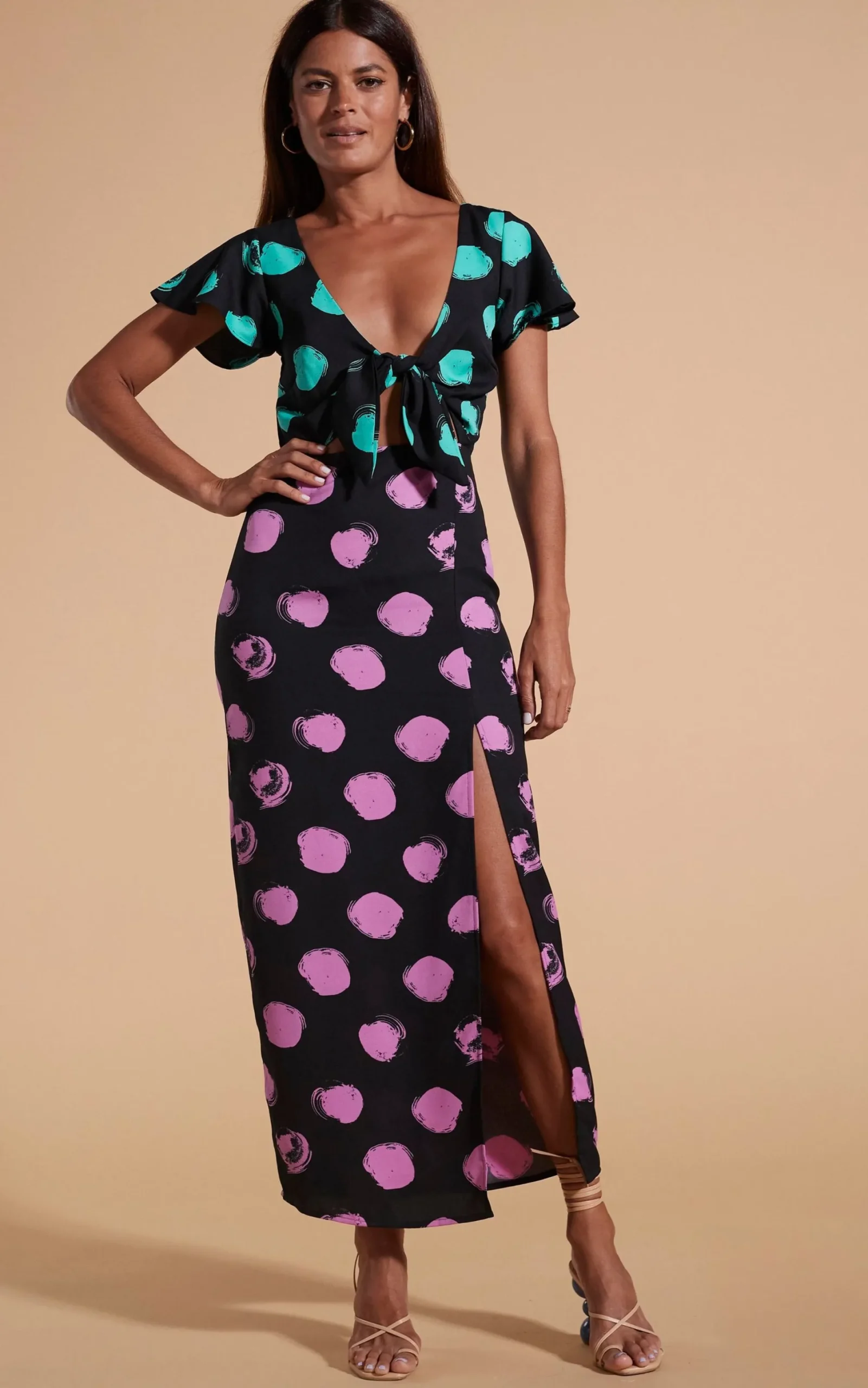 Women Dancing Leopard Lily Dress In Green On Black Dot & Pink On Black Dot