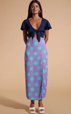 Women Dancing Leopard Lily Dress In Navy & Green On Purple Dot