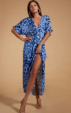 Women Dancing Leopard Makuna Kaftan In Bright Blue Leopard