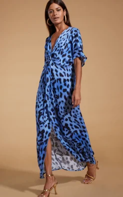Women Dancing Leopard Makuna Kaftan In Bright Blue Leopard