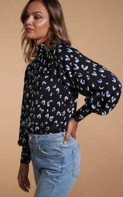Women Dancing Leopard Margo Pintuck Blouse In Abstract White On Black Leopard