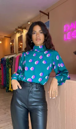 Women Dancing Leopard Margo Pintuck Blouse In Polka Dot Purple On Green