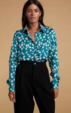 Women Dancing Leopard Nevada Satin Shirt In White On Green Cloud