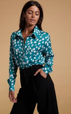 Women Dancing Leopard Nevada Satin Shirt In White On Green Cloud