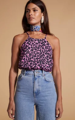 Women Dancing Leopard Nina Halter Cami Top In Black On Pink Leopard