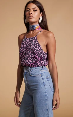Women Dancing Leopard Nina Halter Cami Top In Black On Pink Leopard