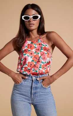 Women Dancing Leopard Nina Halter Cami Top In Hibiscus Red Orange On White