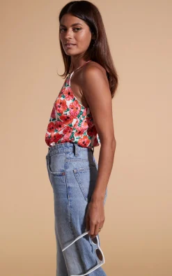 Women Dancing Leopard Nina Halter Cami Top In Hibiscus Red Orange On White