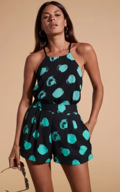 Women Dancing Leopard Nina Halter Cami Top In Large Dot Green On Black