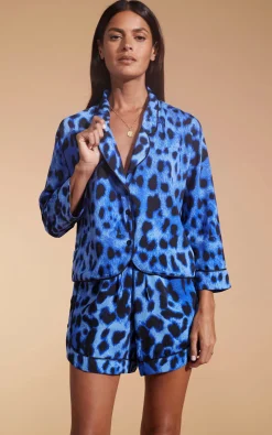 Women Dancing Leopard Oona Shortie Pj Set In Bright Blue Leopard