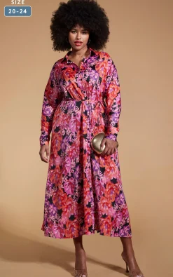 Women Dancing Leopard Paris Shirt Dress In Red & Lilac Floral - Extended Sizing