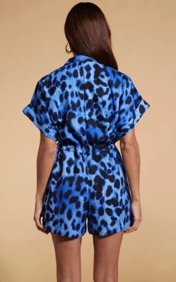 Women Dancing Leopard Rizzo Playsuit In Bright Blue Leopard