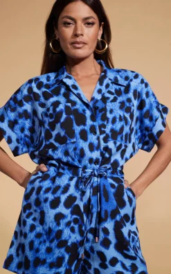 Women Dancing Leopard Rizzo Playsuit In Bright Blue Leopard
