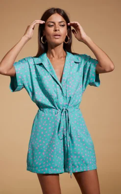 Women Dancing Leopard Rizzo Shirt Playsuit In Abstract Pink On Sea Green