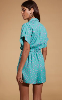 Women Dancing Leopard Rizzo Shirt Playsuit In Abstract Pink On Sea Green