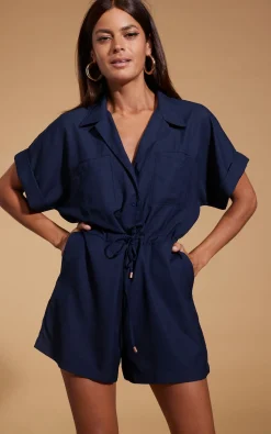 Women Dancing Leopard Rizzo Shirt Playsuit In Navy