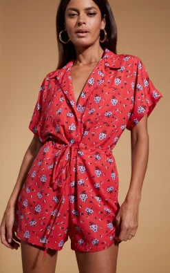 Women Dancing Leopard Rizzo Shirt Playsuit In Red Daisy