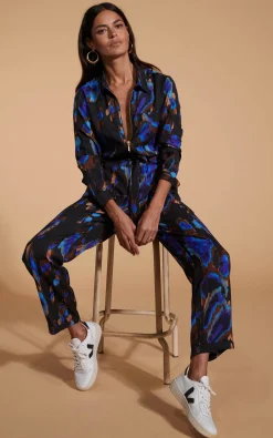 Women Dancing Leopard Roxanna Zip Jumpsuit In Camo Abstract Blue On Black