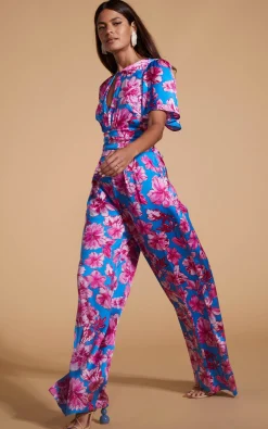 Women Dancing Leopard Savannah Jumpsuit In Pink On Blue Floral