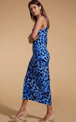 Women Dancing Leopard Sienna Midaxi Slip Dress In Bright Blue Leopard