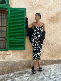 Women Dancing Leopard Sienna Midaxi Slip Dress In Oversized Mono Leopard