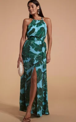 Women Dancing Leopard Sunset Dress In Vintage Blue Palm