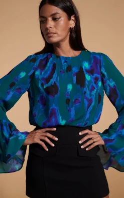 Women Dancing Leopard Suvi Flare Sleeve Top In Camo Abstract Blue On Green