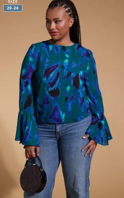 Women Dancing Leopard Suvi Flare Sleeve Top In Camo Abstract Blue On Green- Extended Sizing