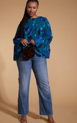 Women Dancing Leopard Suvi Flare Sleeve Top In Camo Abstract Blue On Green- Extended Sizing